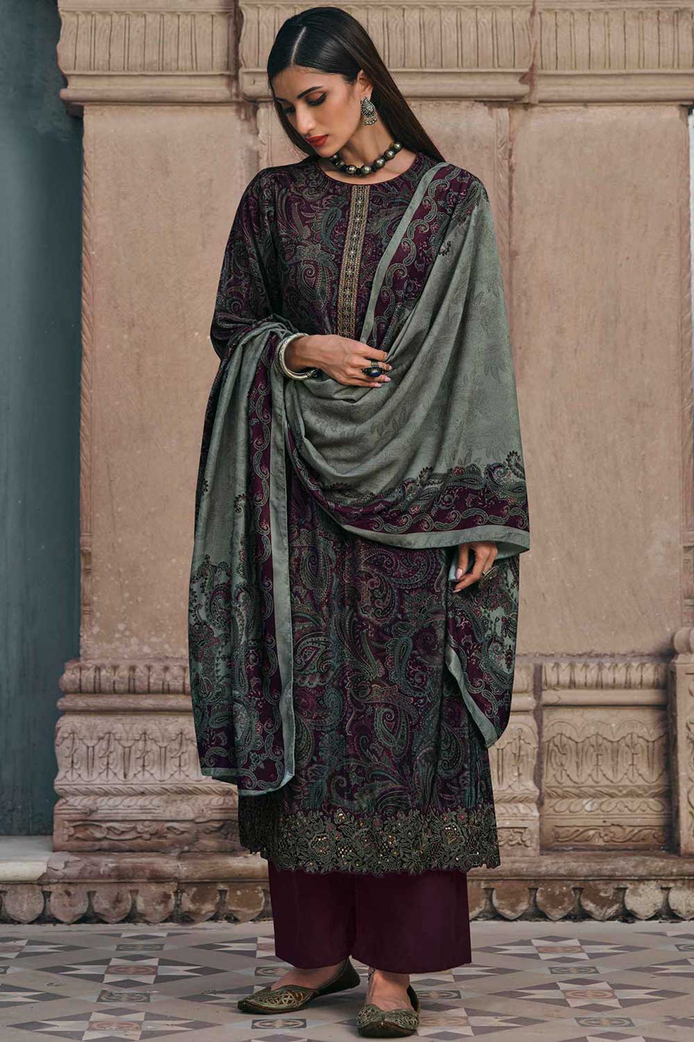 Wine Crape Embroidered Palazzo Suit Set