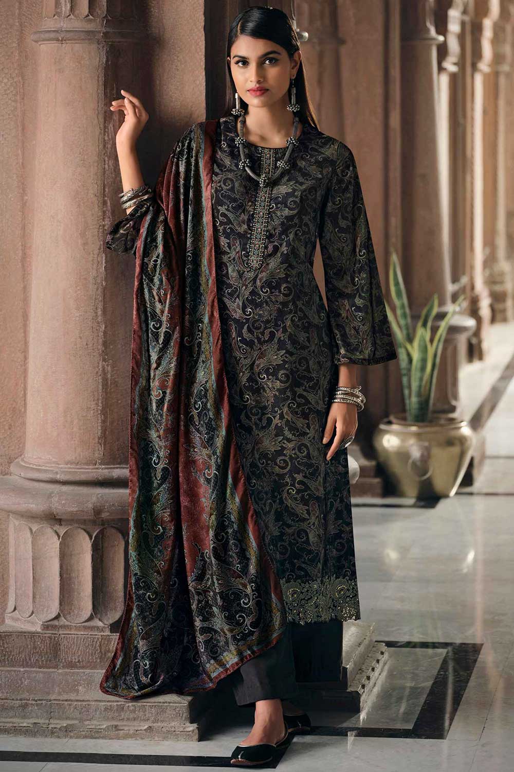 Black Crape Embroidered Palazzo Suit Set