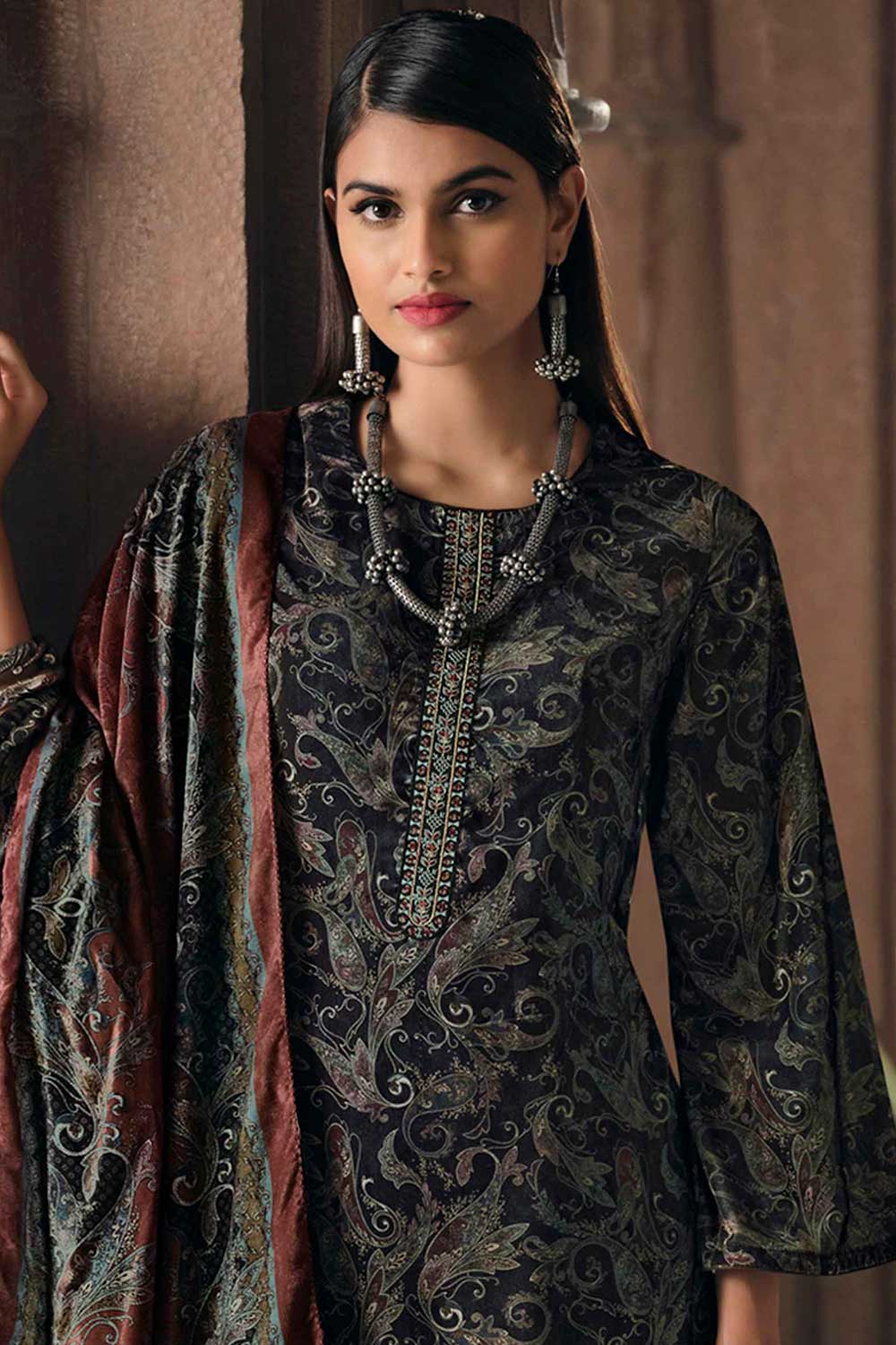 Black Crape Embroidered Palazzo Suit Set