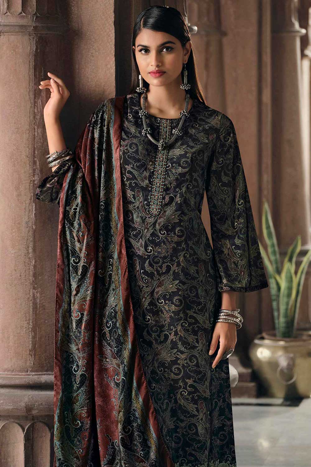 Black Crape Embroidered Palazzo Suit Set