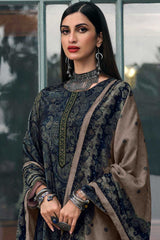 Navy Blue Crape Embroidered Palazzo Suit Set