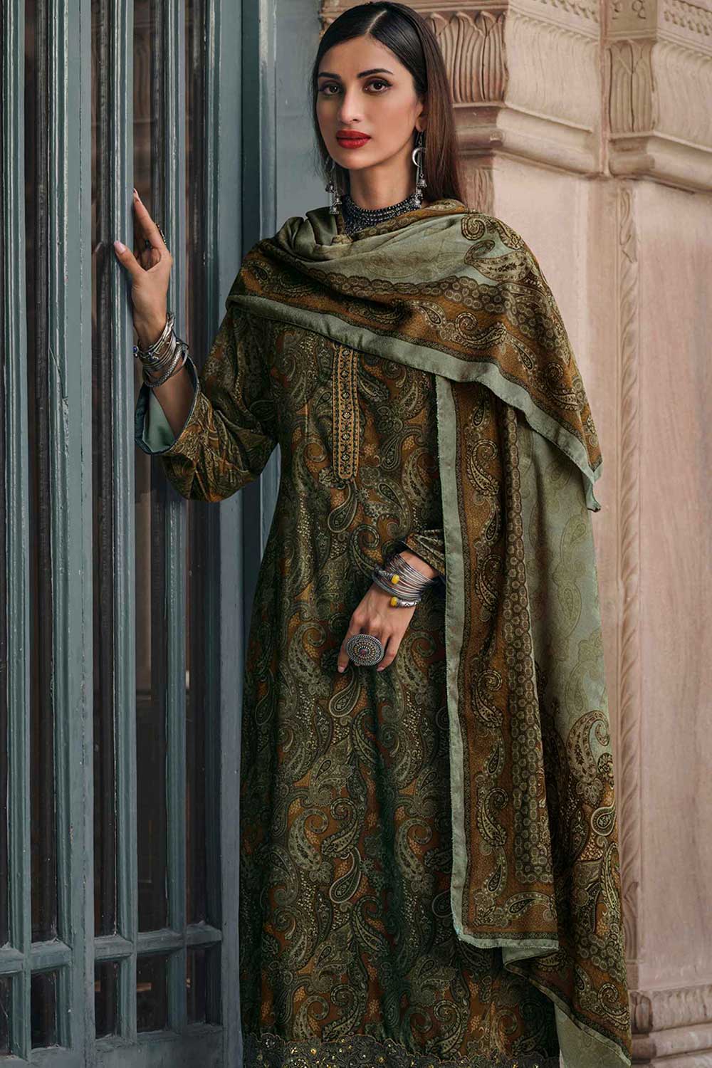 Green Crape Embroidered Palazzo Suit Set