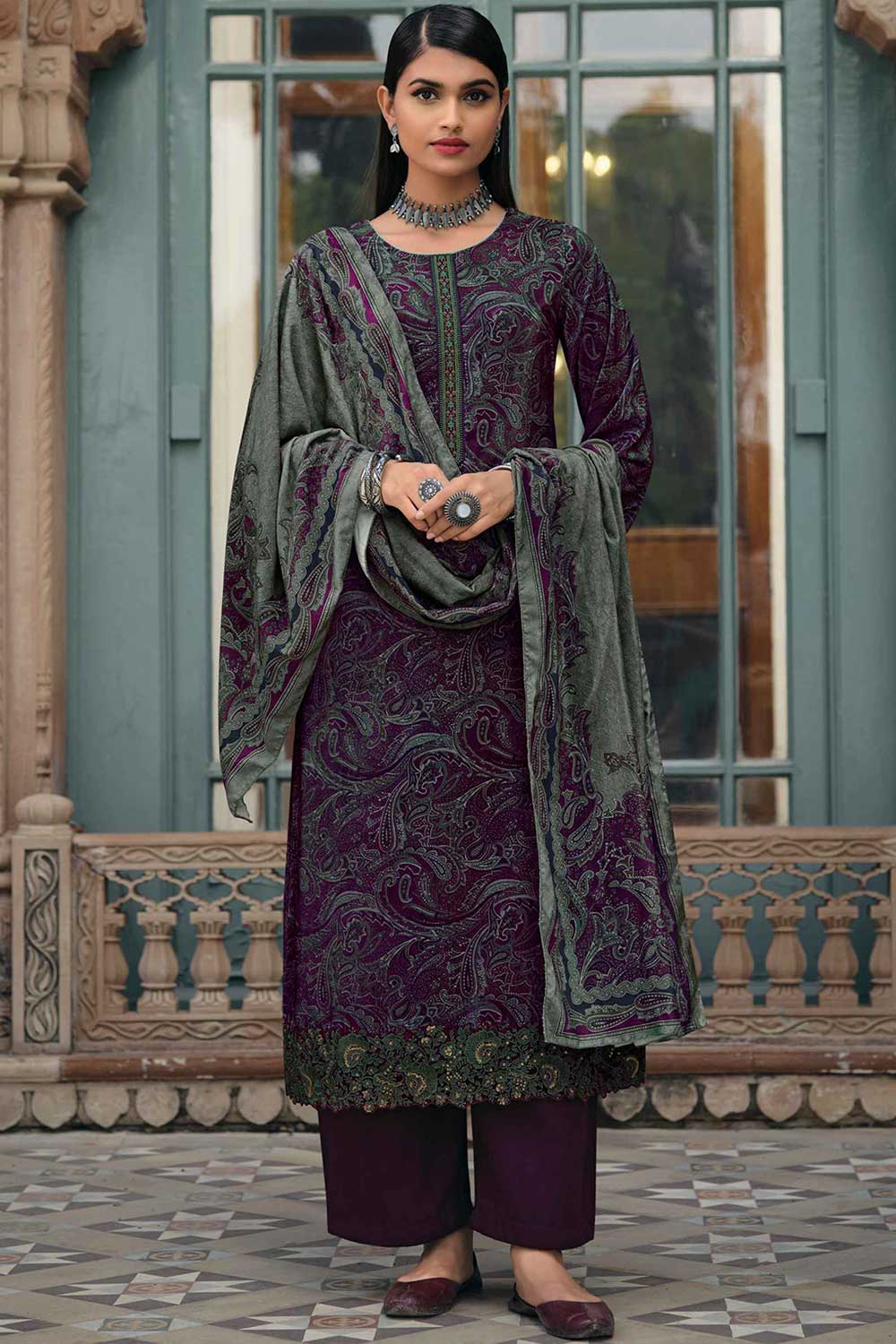 Purple Crape Embroidered Palazzo Suit Set