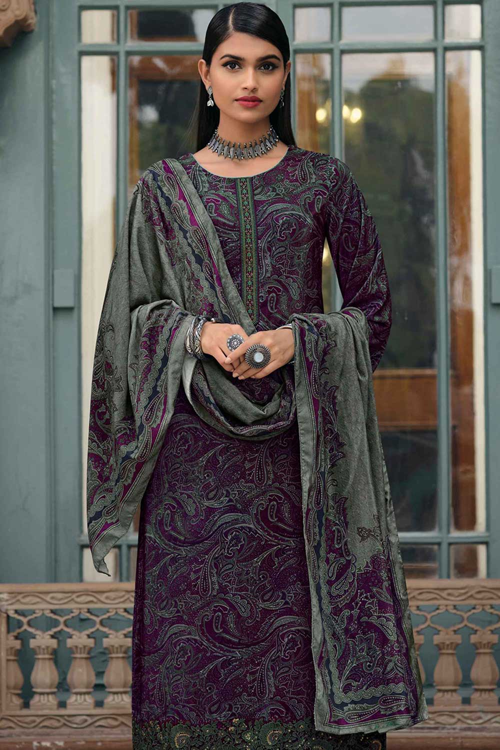 Purple Crape Embroidered Palazzo Suit Set