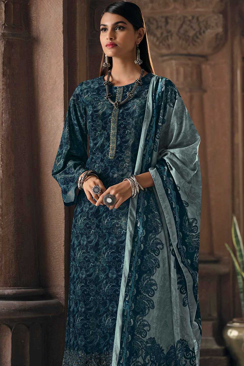 Teal Crape Embroidered Palazzo Suit Set