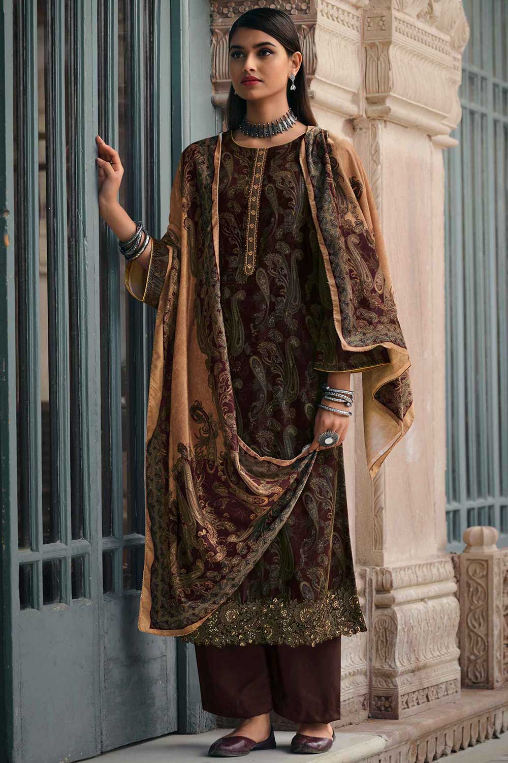 Brown Crape Embroidered Palazzo Suit Set