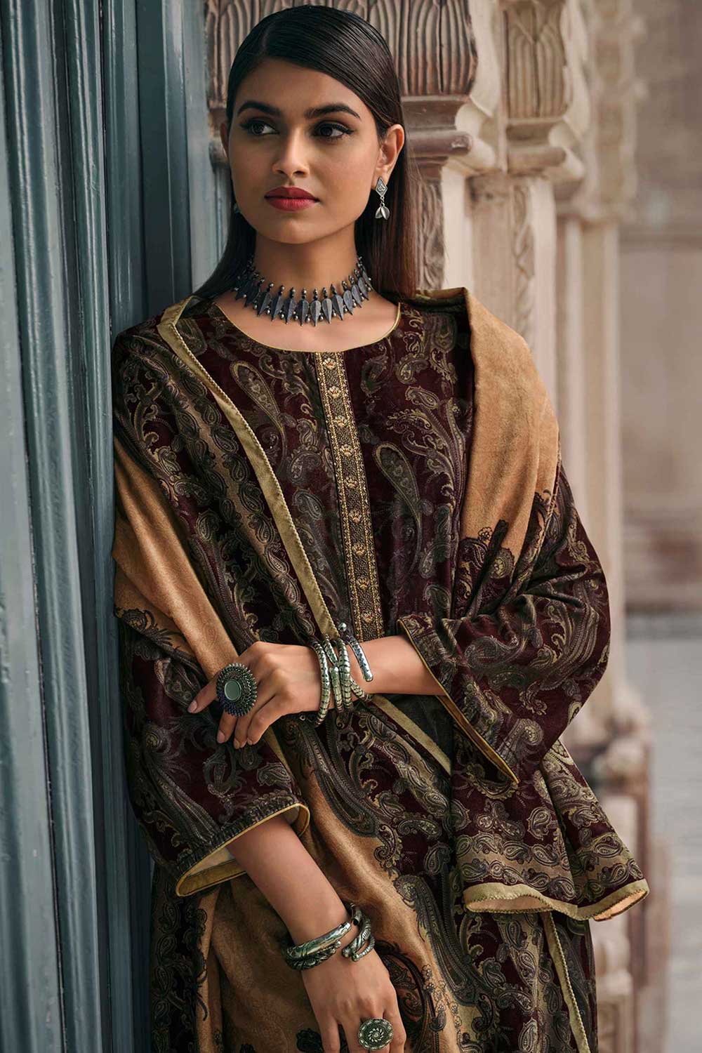 Brown Crape Embroidered Palazzo Suit Set