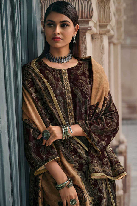 Brown Crape Embroidered Palazzo Suit Set