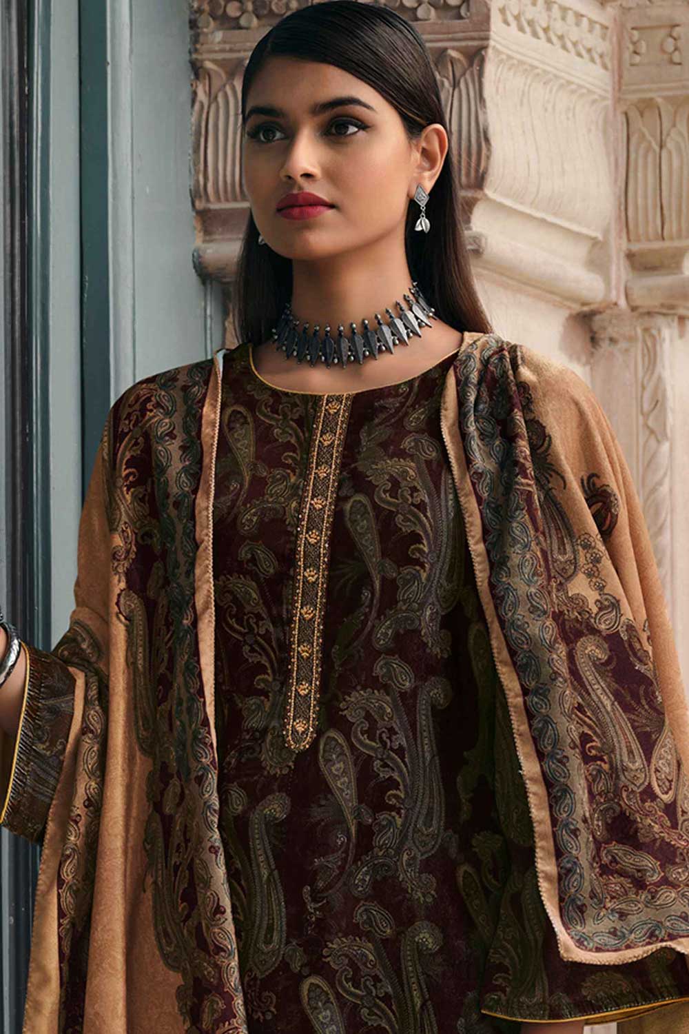 Brown Crape Embroidered Palazzo Suit Set