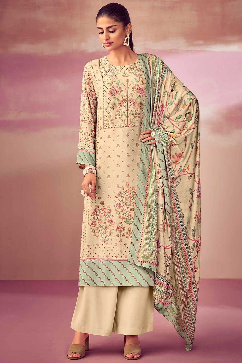 Beige Pashmina Digital Printed Palazzo Suit Set