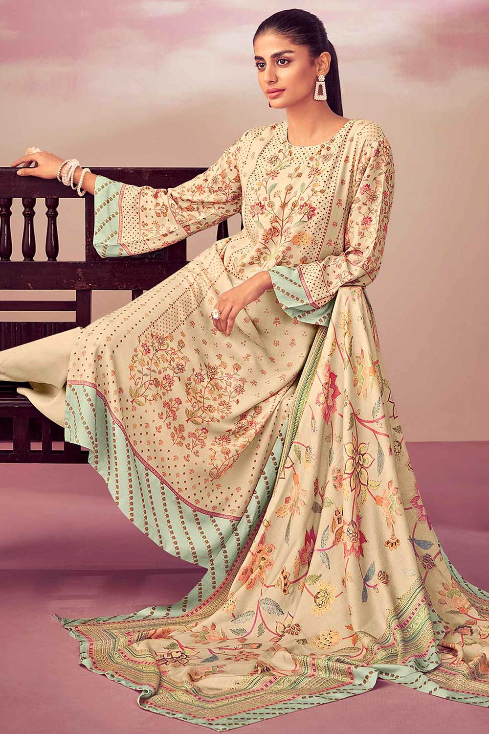 Beige Pashmina Digital Printed Palazzo Suit Set