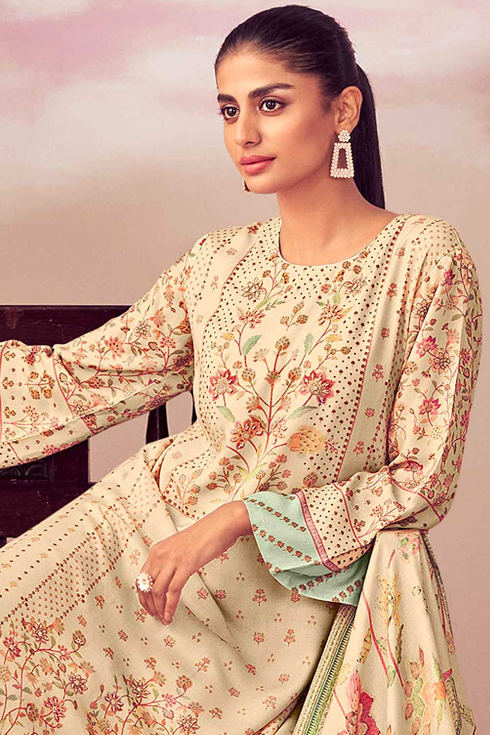 Beige Pashmina Digital Printed Palazzo Suit Set