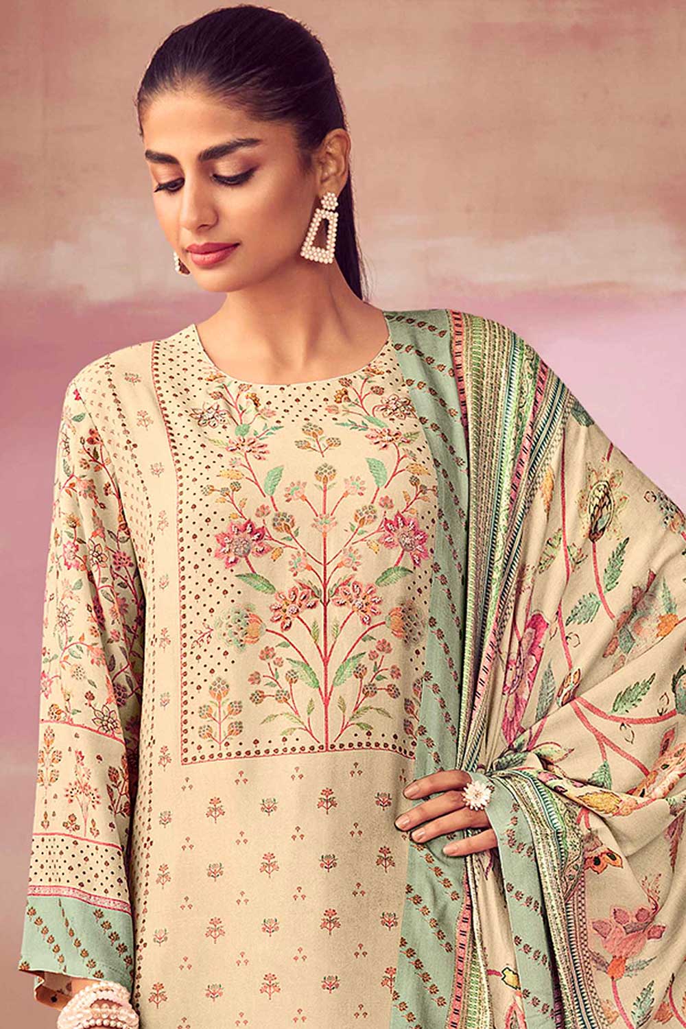 Beige Pashmina Digital Printed Palazzo Suit Set