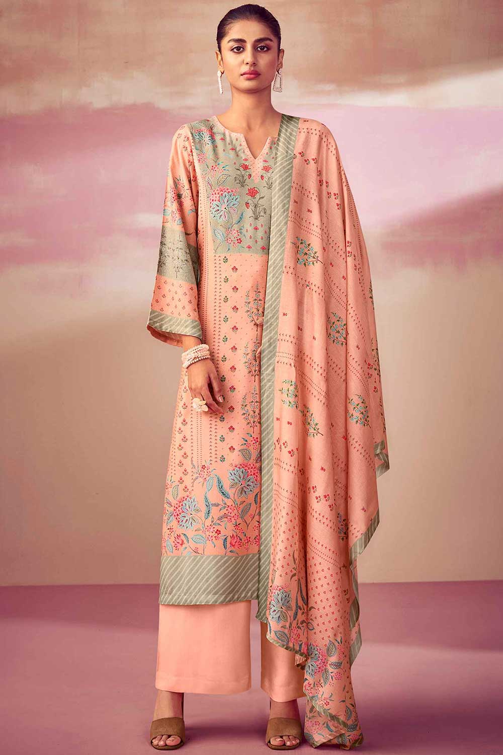 Peach Pashmina Digital Printed Palazzo Suit Set