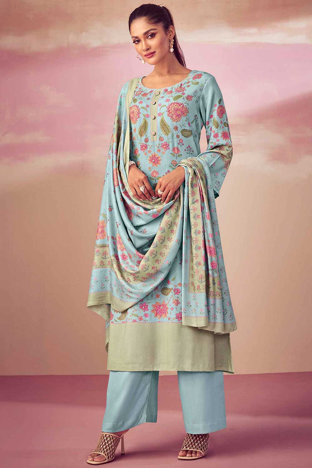 Sky Blue Pashmina Digital Printed Palazzo Suit Set