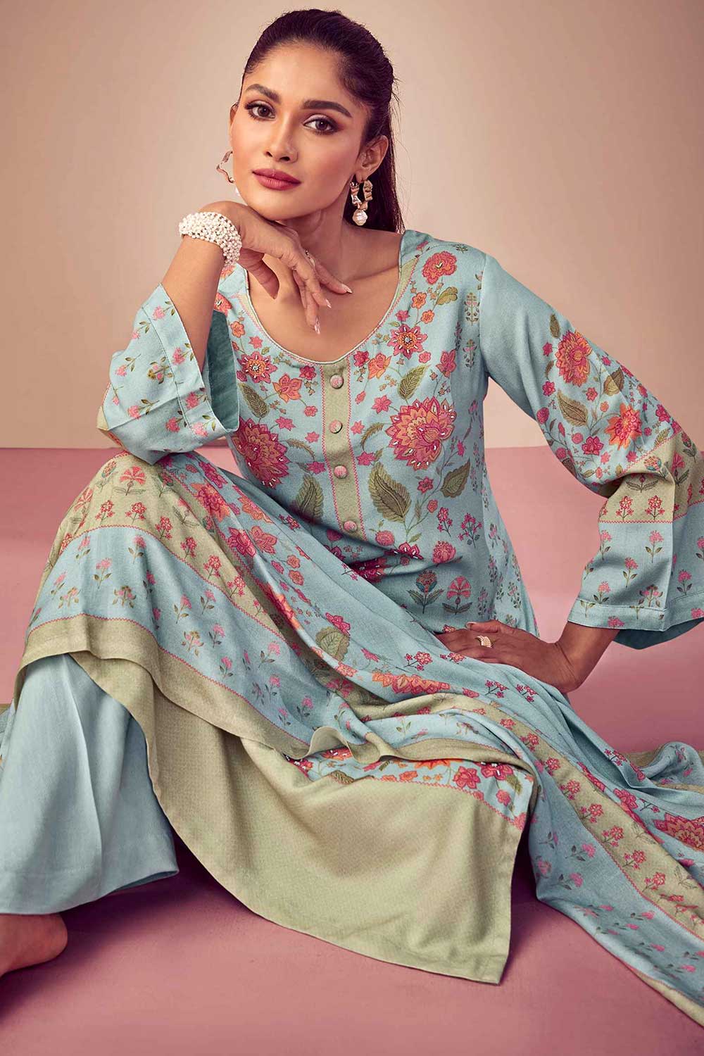 Sky Blue Pashmina Digital Printed Palazzo Suit Set