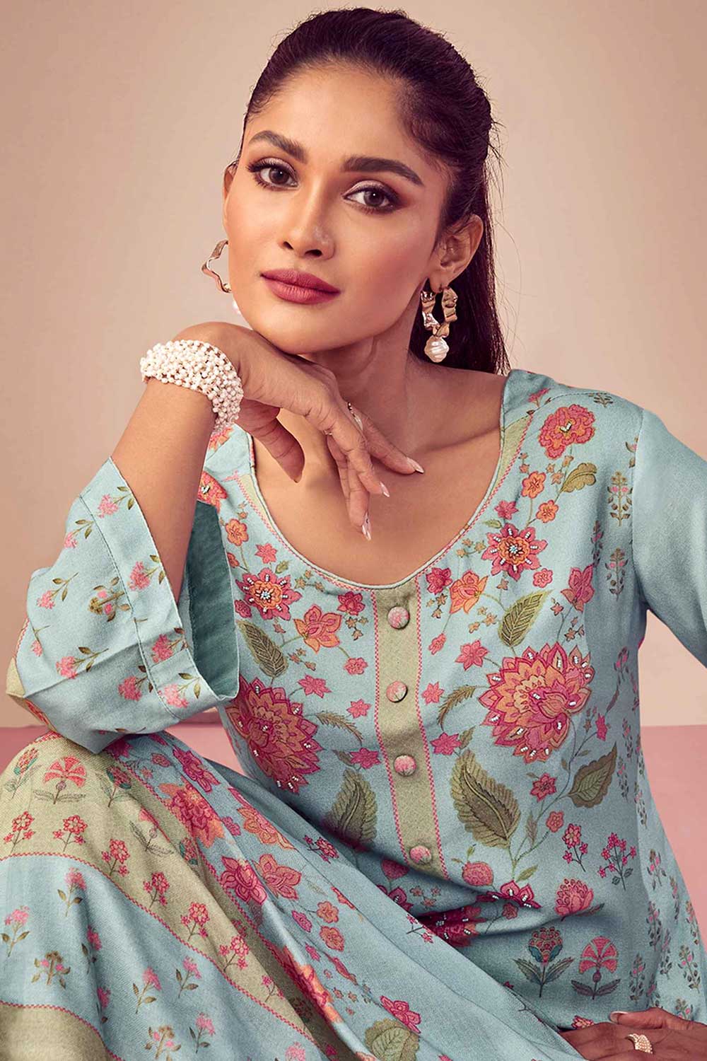 Sky Blue Pashmina Digital Printed Palazzo Suit Set