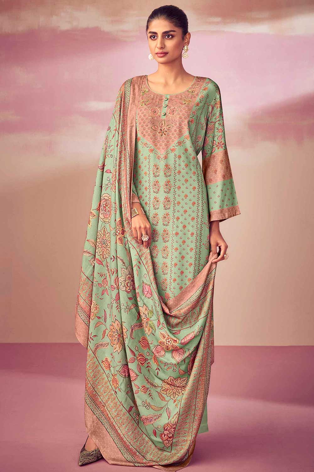 Green Pashmina Digital Printed Palazzo Suit Set