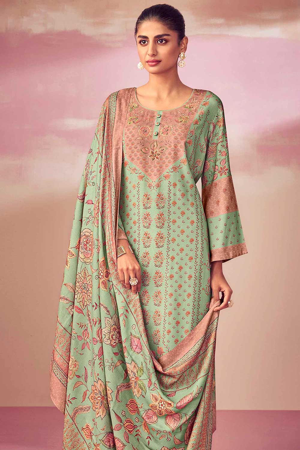 Green Pashmina Digital Printed Palazzo Suit Set