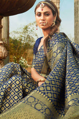 Buy Banarasi Art Silk Woven Saree in Navy Blue - Back