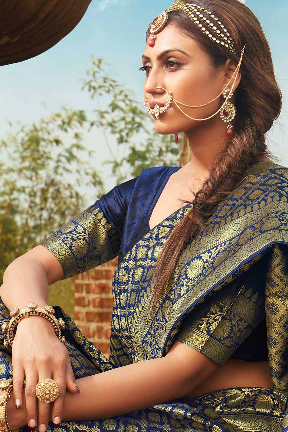 Buy Banarasi Art Silk Woven Saree in Navy Blue - Front