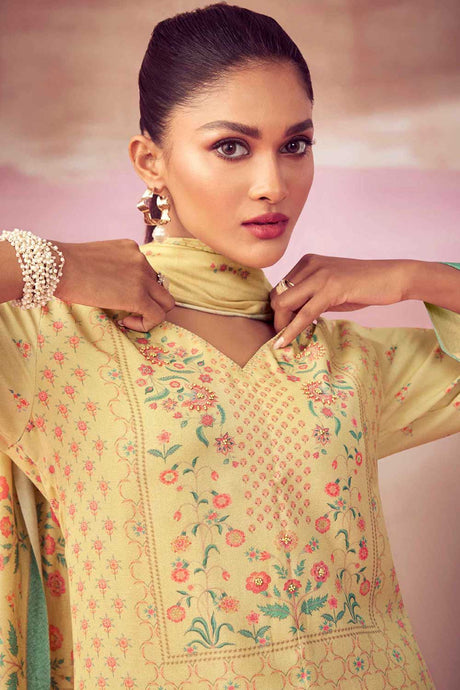 Yellow Pashmina Digital Printed Palazzo Suit Set