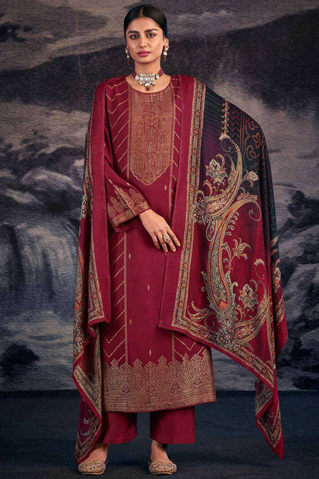 Buy Maroon Pashmina Jacquard Kurta Suit Set Online