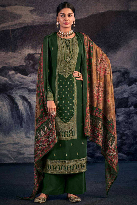 Buy Green Pashmina Jacquard Kurta Suit Set Online