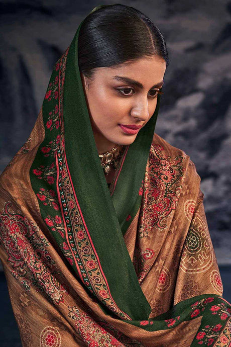 Buy Green Pashmina Jacquard Dress Material Online - Back