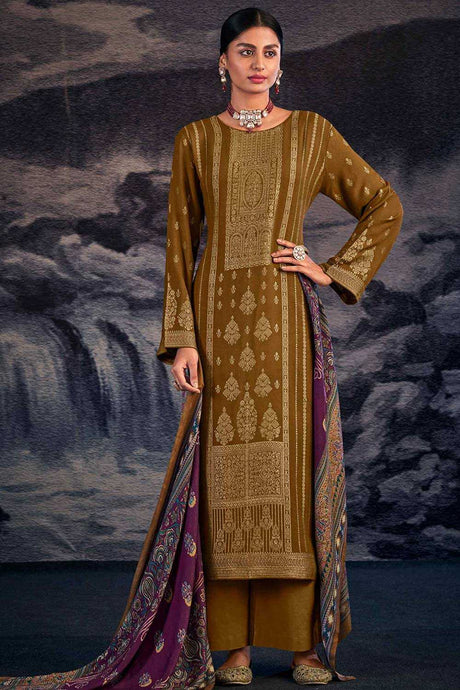Buy Gold Pashmina Jacquard Kurta Suit Set Online