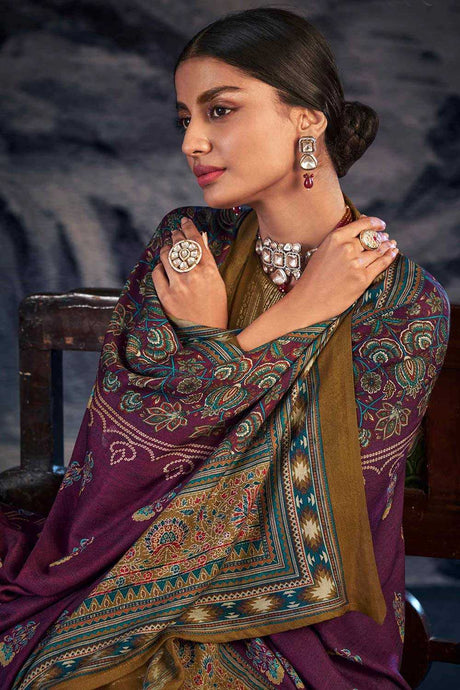 Buy Gold Pashmina Jacquard Dress Material Online - Back