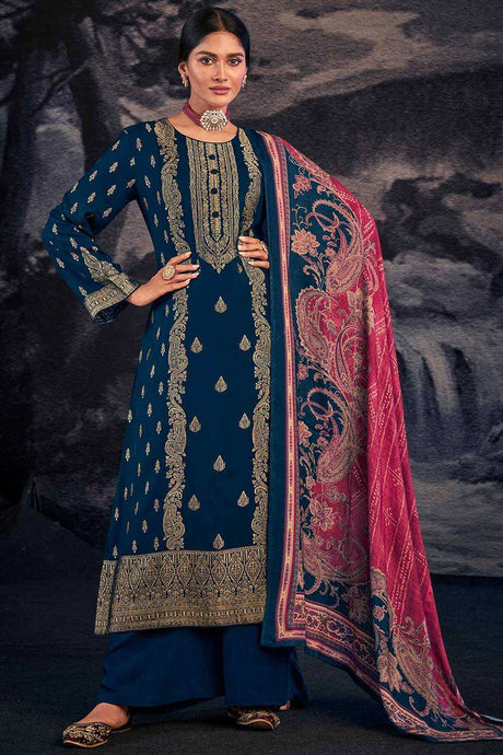 Buy Navy Blue Pashmina Jacquard Kurta Suit Set Online