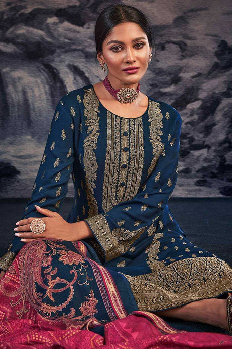 Buy Navy Blue Pashmina Jacquard Dress Material Online - Back