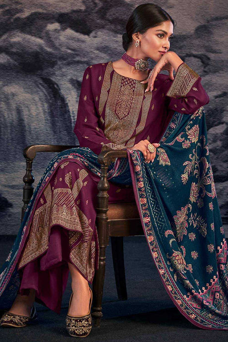 Buy Wine Pashmina Jacquard Dress Material Online - Back