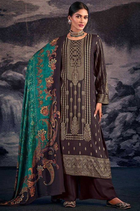 Buy Brown Pashmina Jacquard Kurta Suit Set Online