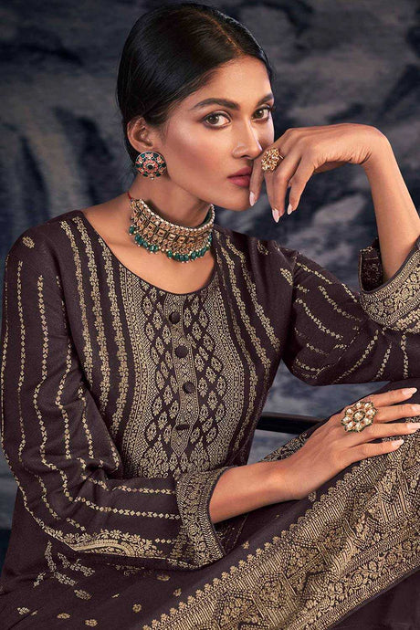 Buy Brown Pashmina Jacquard Dress Material Online - Back