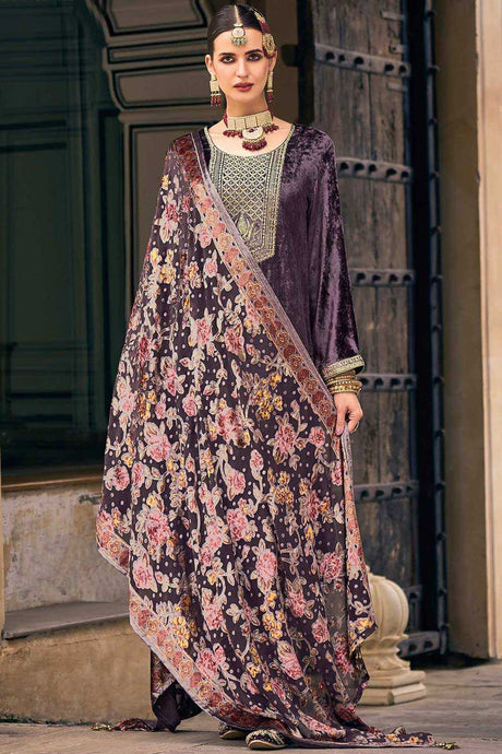 Buy Purple Velvet Embroidered Kurta Suit Set Online