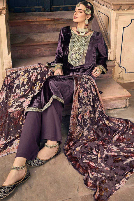 Buy Purple Velvet Embroidered Dress Material Online - Back