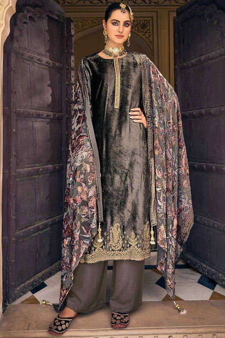 Buy Grey Velvet Embroidered Kurta Suit Set Online