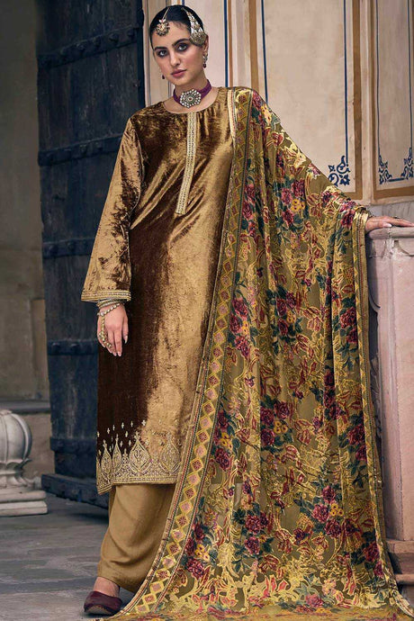 Buy Gold Velvet Embroidered Kurta Suit Set Online