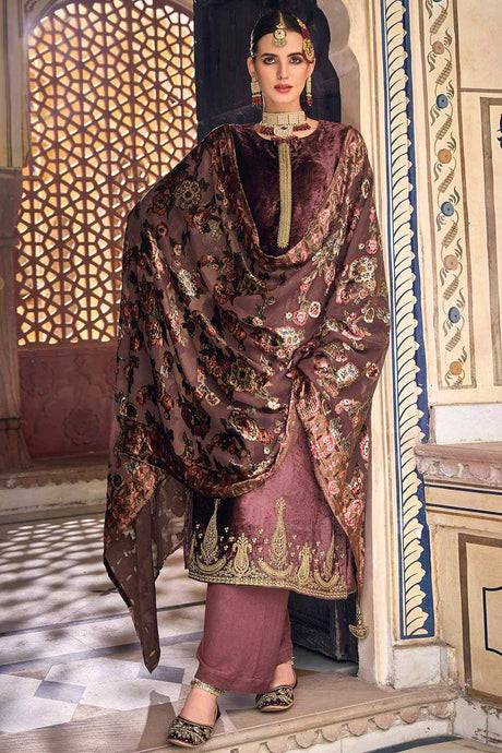 Buy Brown Velvet Embroidered Kurta Suit Set Online