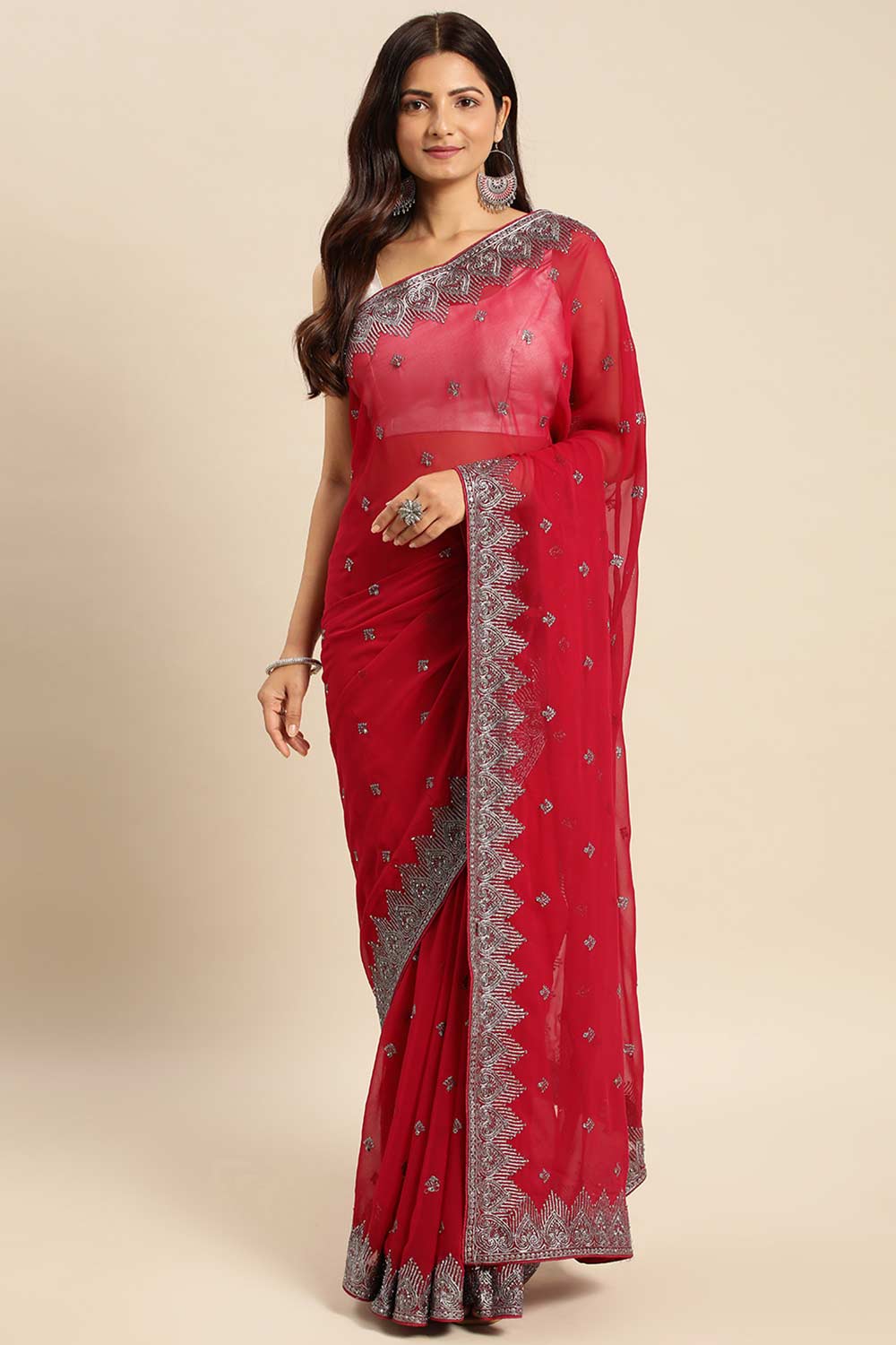 Cherry Pure Georgette Floral Embroidered Saree