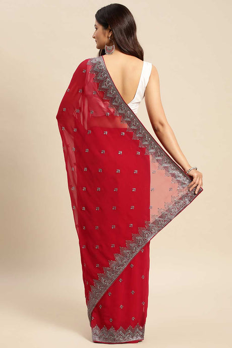 Cherry Pure Georgette Floral Embroidered Saree