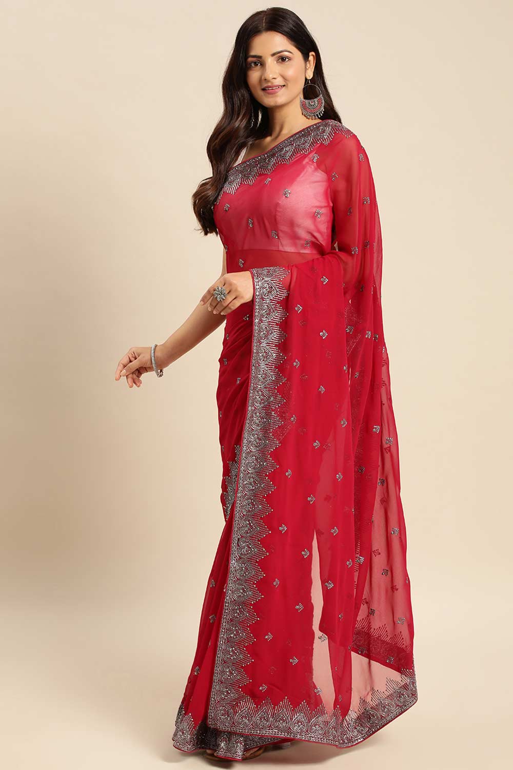 Cherry Pure Georgette Floral Embroidered Saree