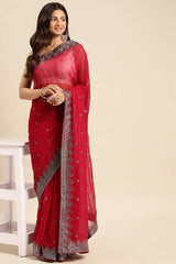 Cherry Pure Georgette Floral Embroidered Saree