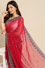 Cherry Pure Georgette Floral Embroidered Saree