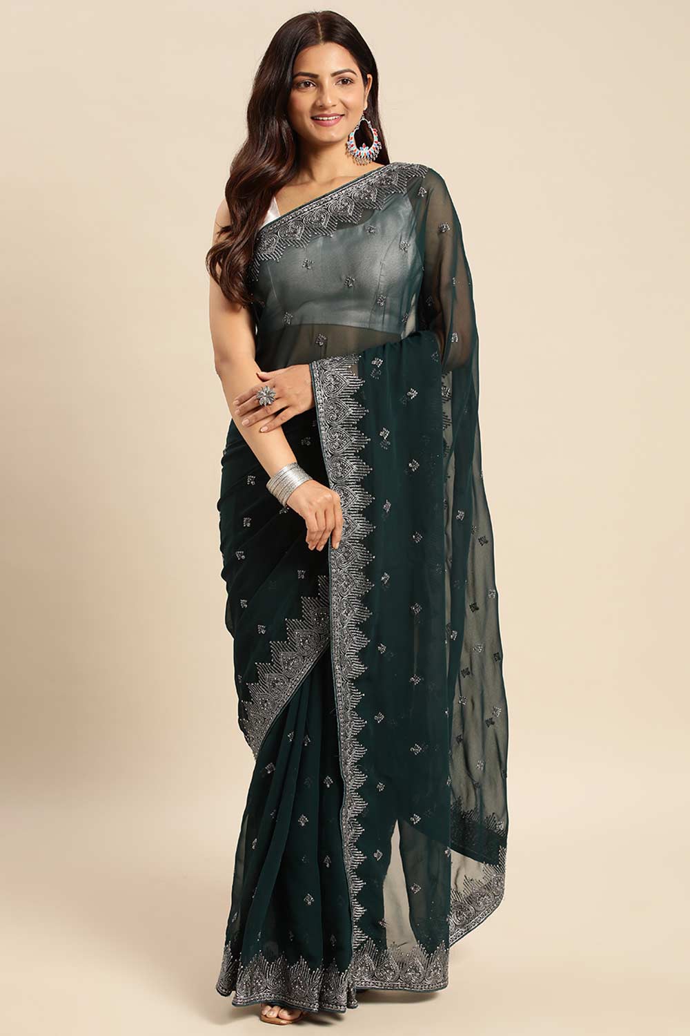 Petrol Blue Pure Georgette Floral Embroidered Saree