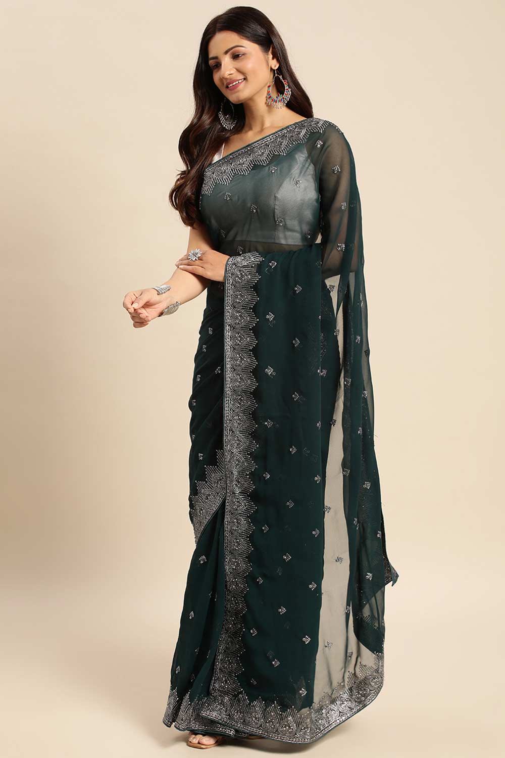 Petrol Blue Pure Georgette Floral Embroidered Saree