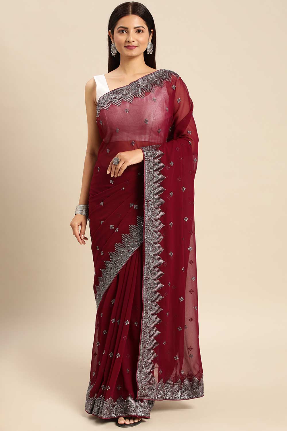 Wine Pure Georgette Floral Embroidered Saree