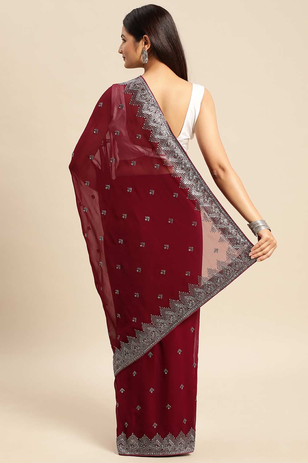 Wine Pure Georgette Floral Embroidered Saree